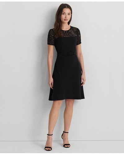 Lauren by Ralph Lauren Belted Lace-trim Fit & Flare Dress - Black