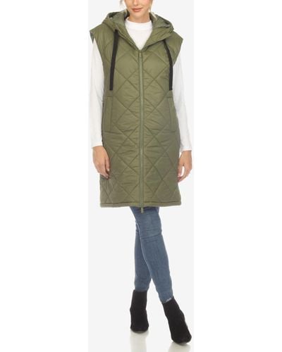 White Mark Diamond Quilted Hooded Long Puffer Vest Jacket - Green