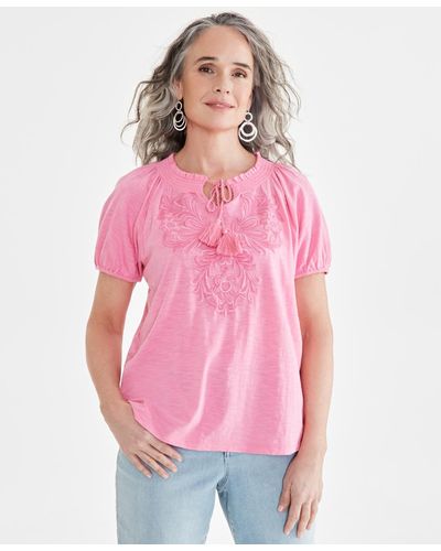 Style & Co. Embroidery Vacay Top - Pink