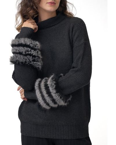 Adrienne Landau Wool-cuff Turtleneck Sweater - Black