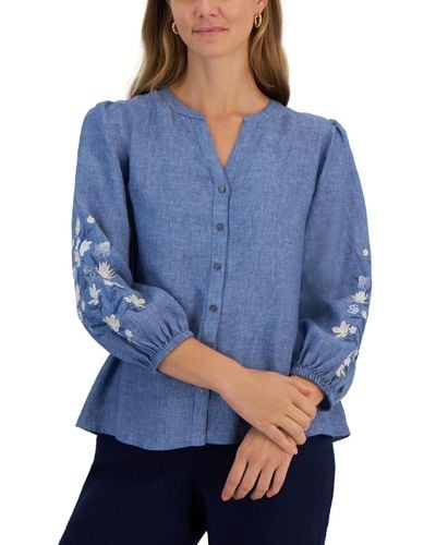 Charter Club 100% Linen Embroidered-sleeve Blouse - Blue