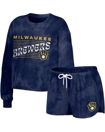 WEAR by Erin Andrews Milwaukee Brewers Tie-dye Cropped Pullover Sweatshirt And Shorts Lounge Set - Blue