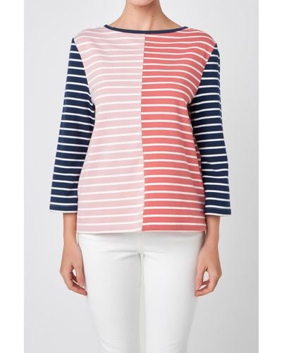 English Factory Striped Color Blocked 3/4 Length Sleeve Tee - Pink