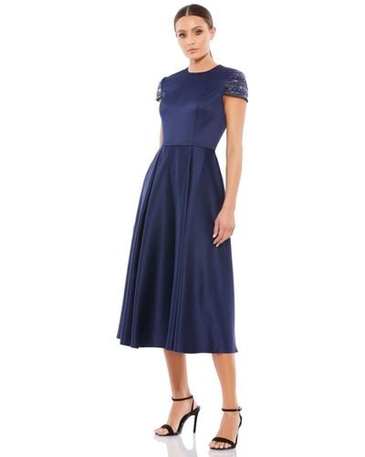 Mac Duggal Ieena High Neck Cap Sleeve Tea Length Dress - Blue