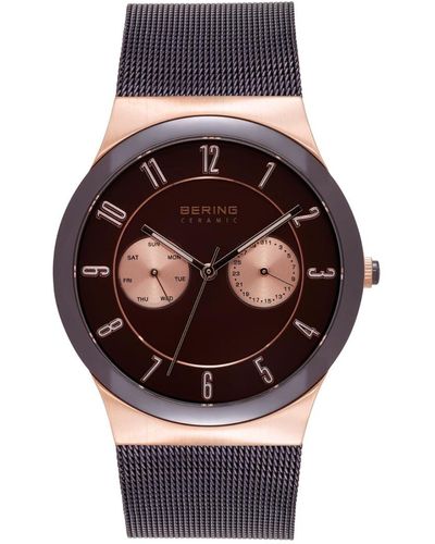 Bering Multi-function Stainless Steel Mesh Bracelet Watch 39mm - Brown