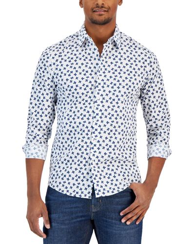 Michael Kors Slim Fit Stretch Floral Print Long Sleeve Shirt - Blue