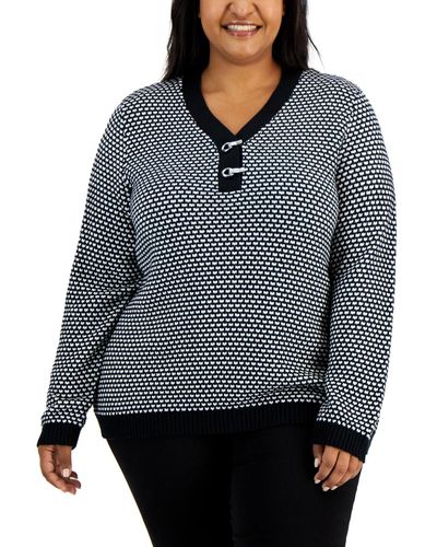 Karen Scott Plus Size Cotton Textured toggle Henley Sweater - Gray