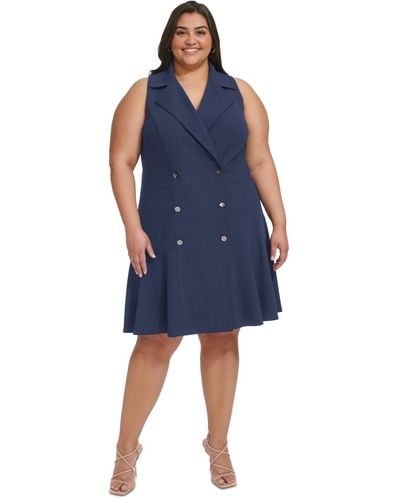 DKNY Plus Size Sleeveless Fit & Flare Blazer Dress - Blue
