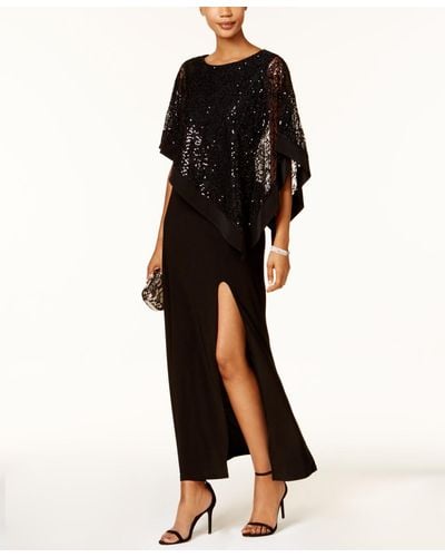 R & M Richards Sequined Lace Cape Gown - Black