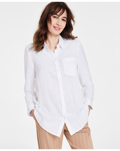 Tahari Linen-blend Long Sleeve Button Front Shirt - White