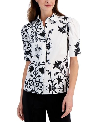 Tahari Printed Puff-sleeve Button-front Shirt - White