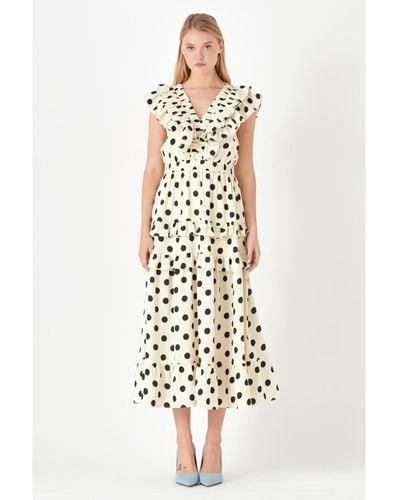 English Factory Polka Dot Print Ruffle Detail Maxi Dress - White