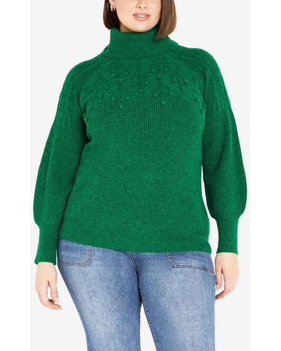 Avenue Plus Size Elsa Pom Pom Balloon Sleeve Sweater - Green