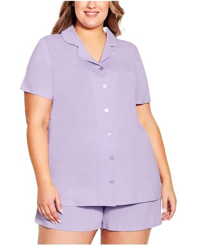 Avenue Plus Size Button Short Sleeve Sleep Top - Purple