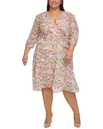 Tommy Hilfiger Plus Size Floral Chiffon 3/4-sleeve Midi Dress - Pink