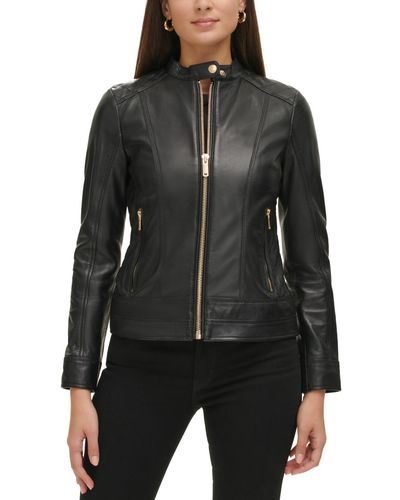 Guess Quilted-shoulder Leather Coat - Black
