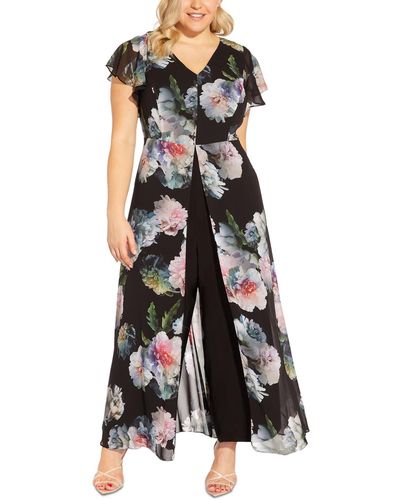 Adrianna Papell Plus Size Floral Chiffon Overlay Jumpsuit - Black