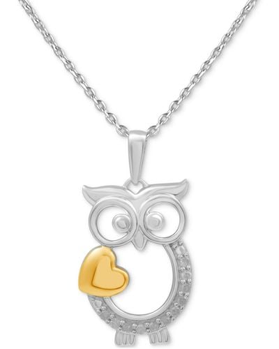 Macy's Diamond Owl Heart 18" Pendant Necklace (1/10 Ct. T.w. - Metallic