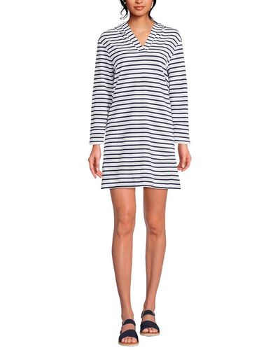 Lands' End Cotton Jersey Long Sleeve Hooded Swim Cover-up Dress - Blue