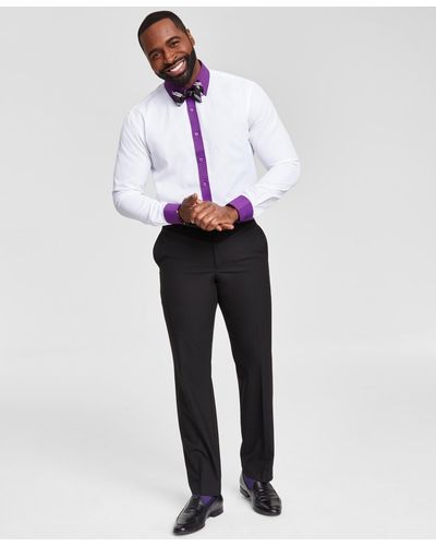 Tayion Collection Slim-fit Purple Trim Solid Dress Shirt - White
