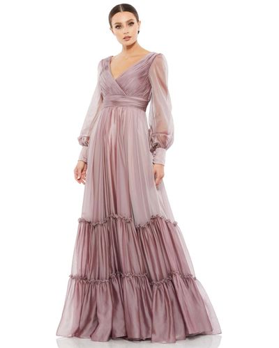 Mac Duggal Faux Wrap Illusion Bishop Sleeve Tiered Gown - Pink