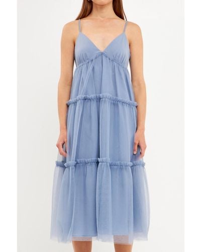 English Factory Tulle Contrast Midi Dress - Blue