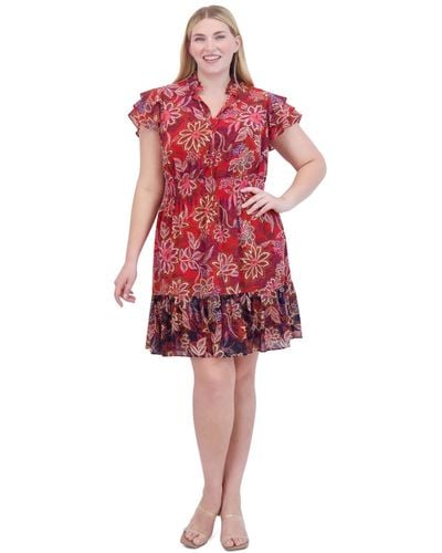 Vince Camuto Plus Size Printed Chiffon Smocked-waist Dress - Red
