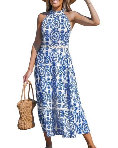 CUPSHE Blue & White Ornate Halterneck Sleeveless Midi Beach Dress