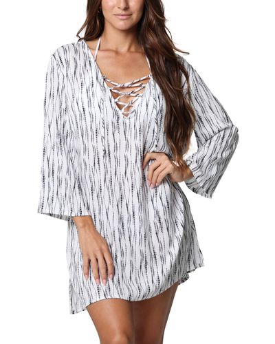 J Valdi Printed Lace-up Cover-up Tunic - White