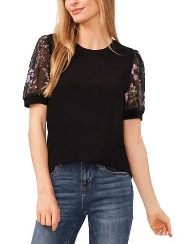 Cece Crewneck Mixed-media Floral-sleeve Knit Top - Black
