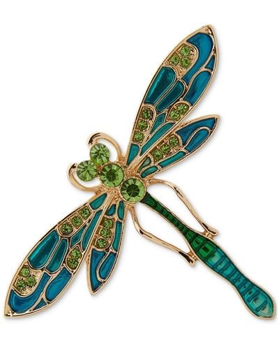 Anne Klein Gold-tone Blue Multi Dragonfly Pin - Green