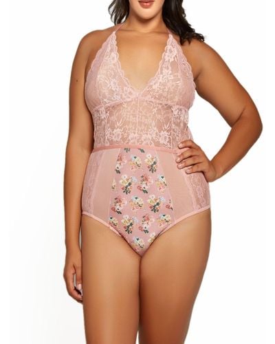 iCollection Plus Size Phoeny Galloon Lace And Floral Satin Lingerie Bodysuit - Pink