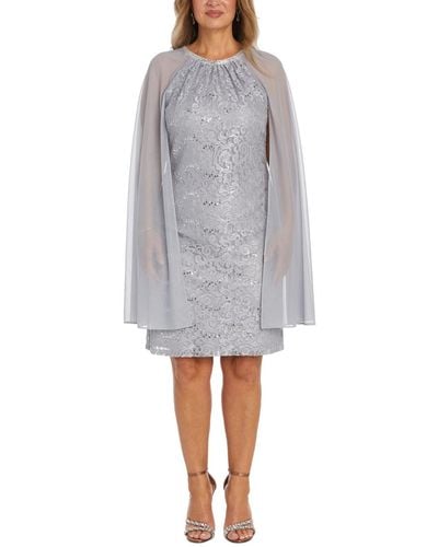 R & M Richards Sequinned Lace Dress With Chiffon Cape - Gray