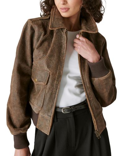 Lucky Brand Distressed Cropped Leather Bomber Jacket - Brown