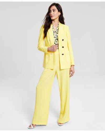 Anne Klein Triple Button Blazer Printed Blouse High Rise Pants - Yellow