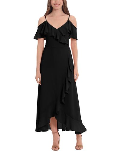 London Times Petite Chiffon Cold-shoulder Ruffle Dress - Black