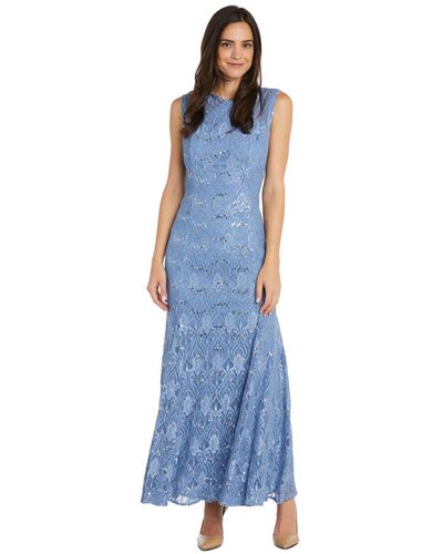 R & M Richards Long Embellished Illusion-detail Lace Gown - Blue