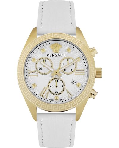Versace Swiss Chronograph Greca White Leather Strap Watch 40mm - Metallic