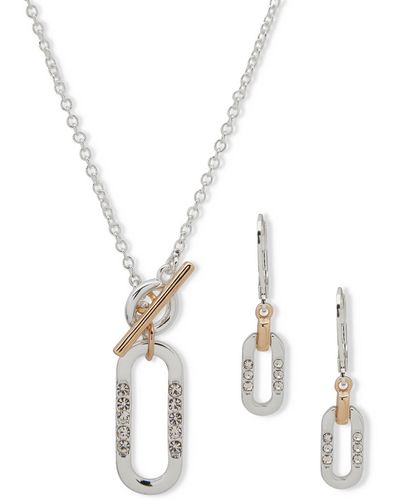 Anne Klein Two-tone Crystal Link toggle Pendant Necklace & Drop Earrings Set - White