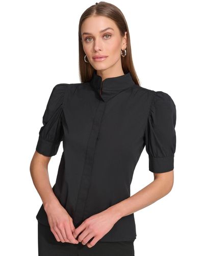 DKNY Solid Mandarin-collar Puff-sleeve Top - Black