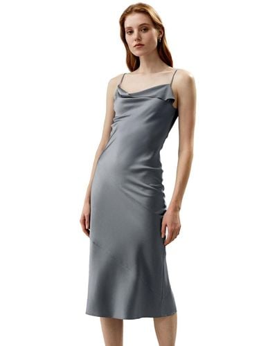 LILYSILK Cowl Neck Oblique-layered Silk Dress - Blue