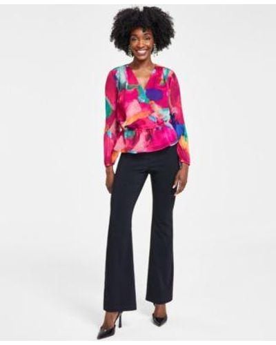 INC International Concepts Petite Pleated Sleeve Peplum Blouse High Rise Flare Pants Created For Macys - Red