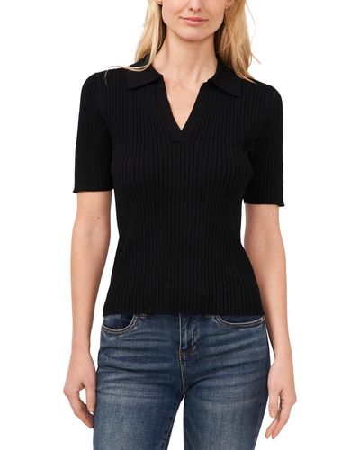 Cece Short-sleeve Rib-knit Polo Sweater - Black