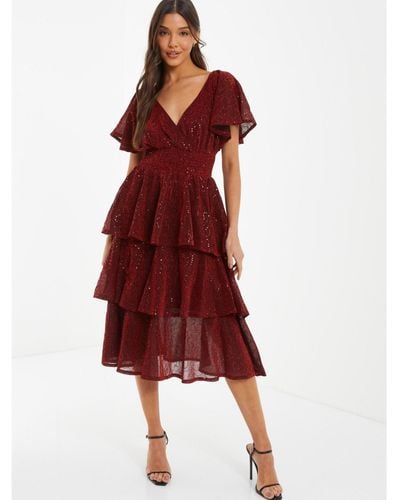 Quiz Sequin Glitter Tie Evening Dress - Red