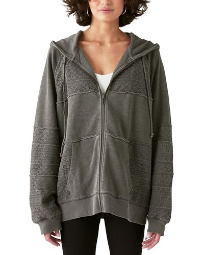 Lucky Brand Cotton Lace Panel Zip Up Hoodie Sweatshirt - Gray