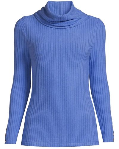 Lands' End Long Sleeve Wide Rib Cowl Neck Tee - Blue