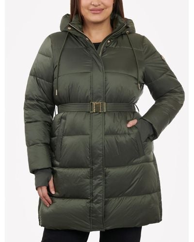 Michael Kors Plus Size Hooded Belted Puffer Coat - Green