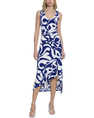 Donna Morgan Printed Wrap-waist Asymmetric Dress - Blue