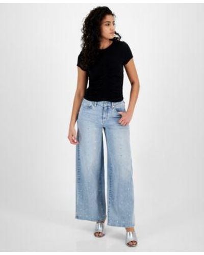 DKNY Ruched Top Studded Wide Leg Jeans - Blue