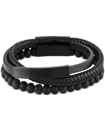 Macy's Onyx & Lava Bead Triple Row Braided Leather Bracelet - Black